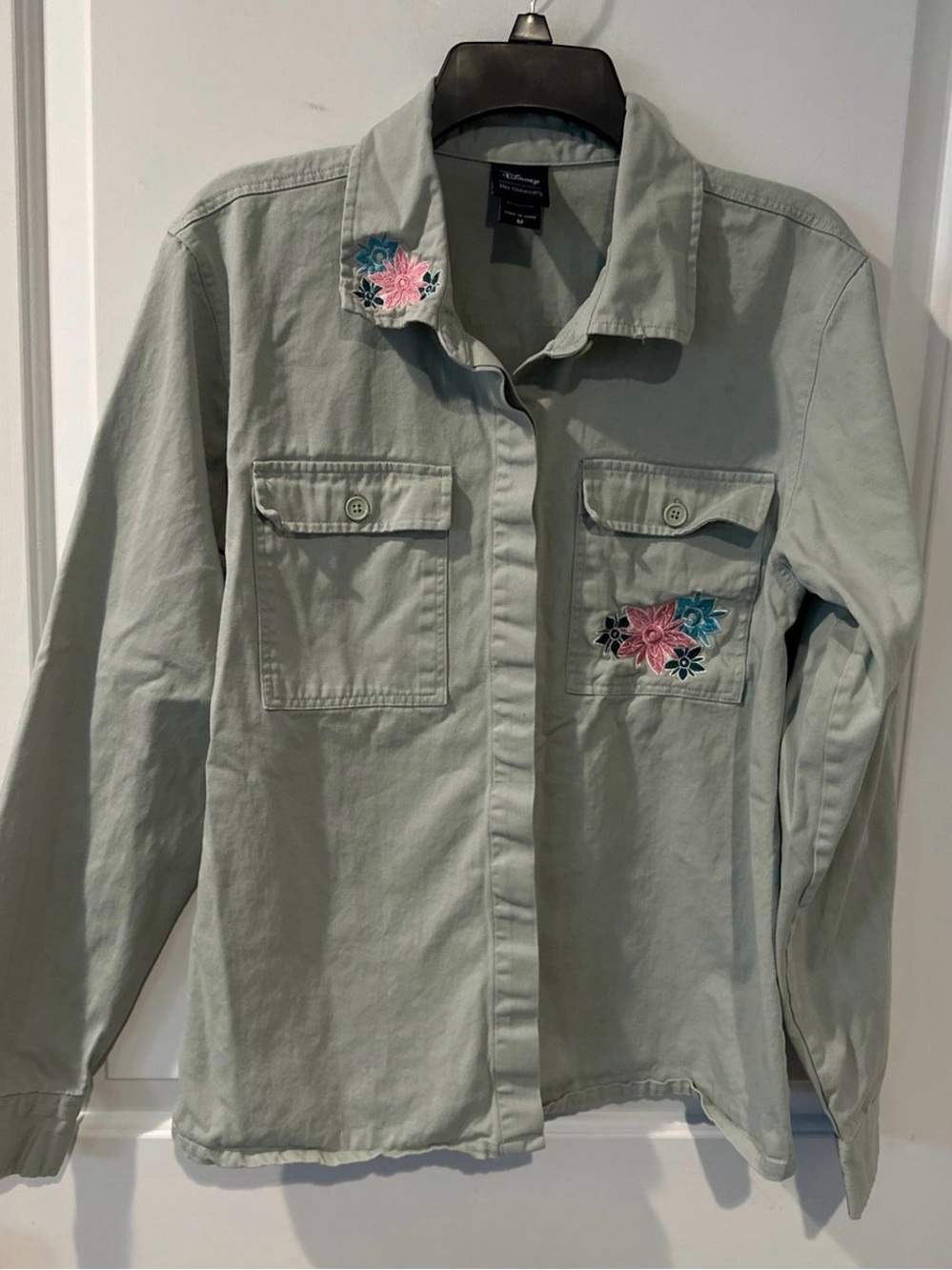Her Universe Raya Sage Button-Down Shirt with Pink & Teal Floral Embroidery
